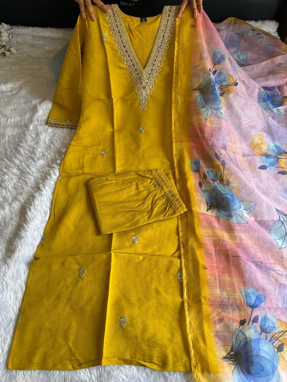 Yellow Haldi Color Heavy Roman Silk with Embroidered Work Matching Pant & Chanderi Silk Digital Print Dupatta