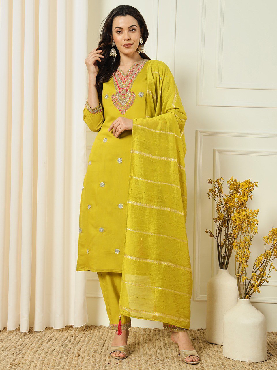 Radiant Green Color Heavy Roman Silk Kurta With Heavy Embrodiery & Pant With Dupatta Set