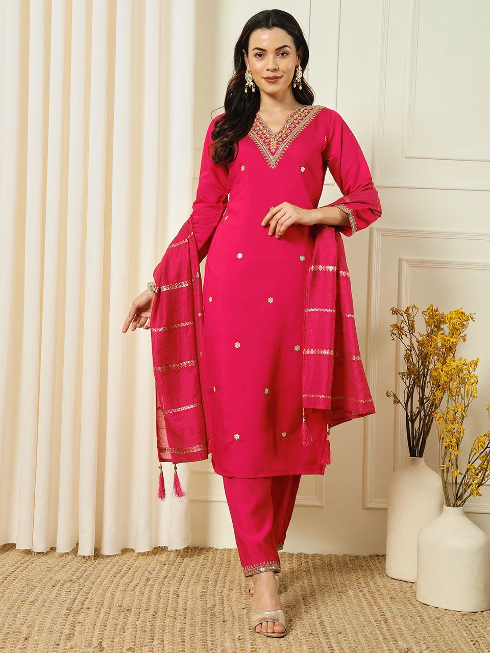 Red Cherry Color Heavy Roman Silk Beautiful Embroidery Top Pant & Cotton Silk Dupatta