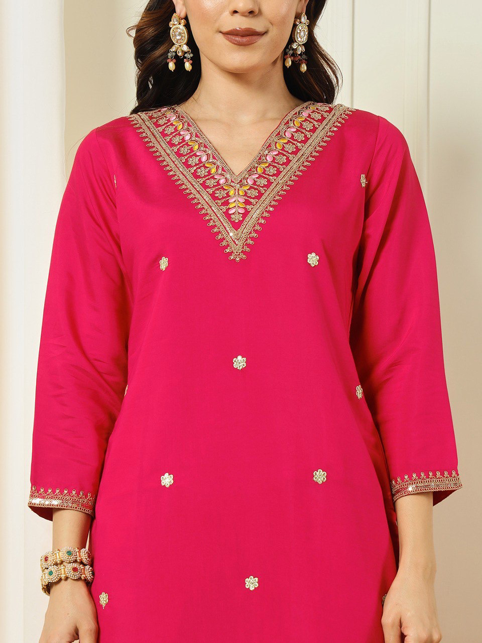 Red Cherry Color Heavy Roman Silk Beautiful Embroidery Top Pant & Cotton Silk Dupatta