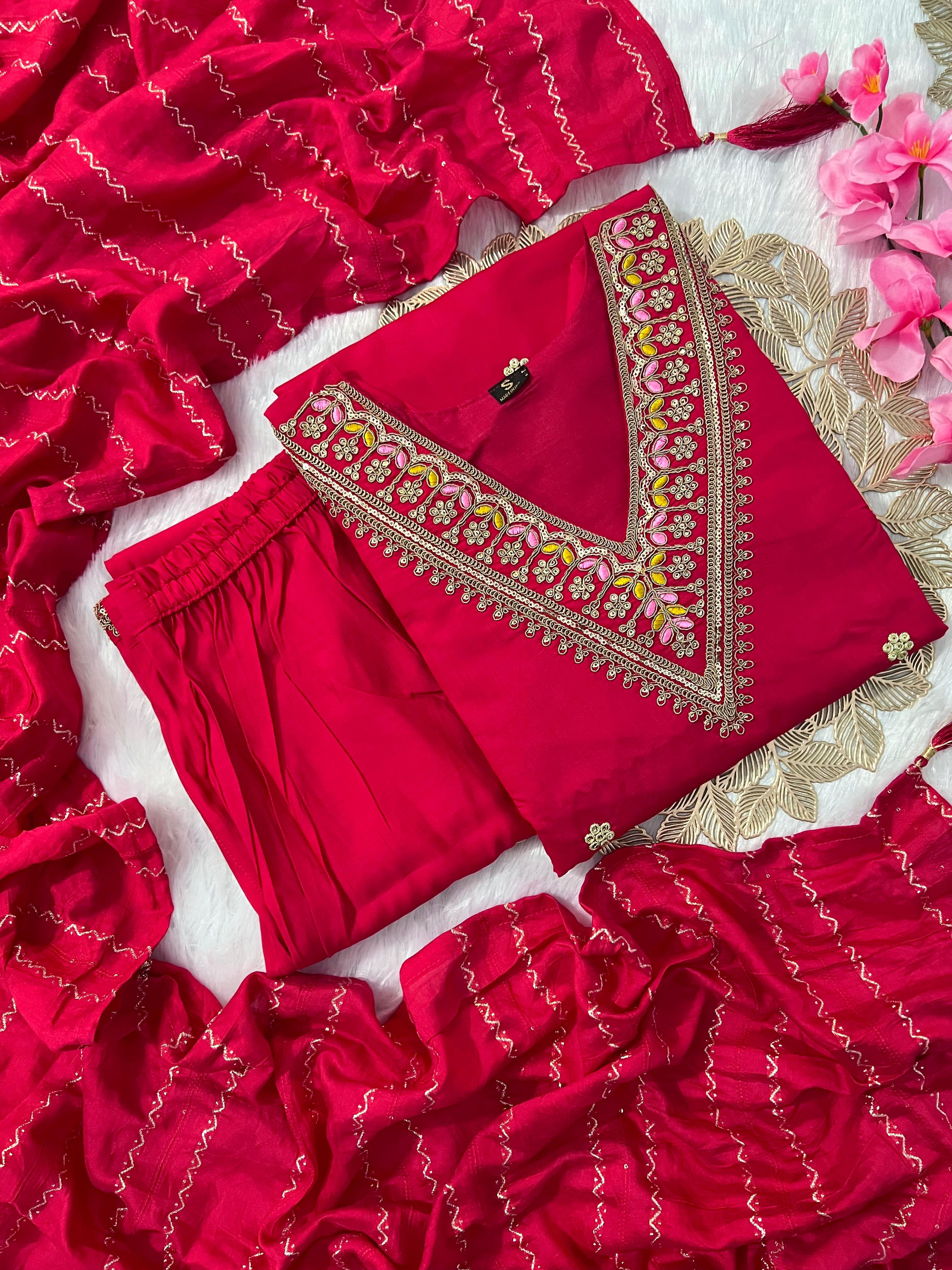 Red Cherry Color Heavy Roman Silk Beautiful Embroidery Top Pant & Cotton Silk Dupatta