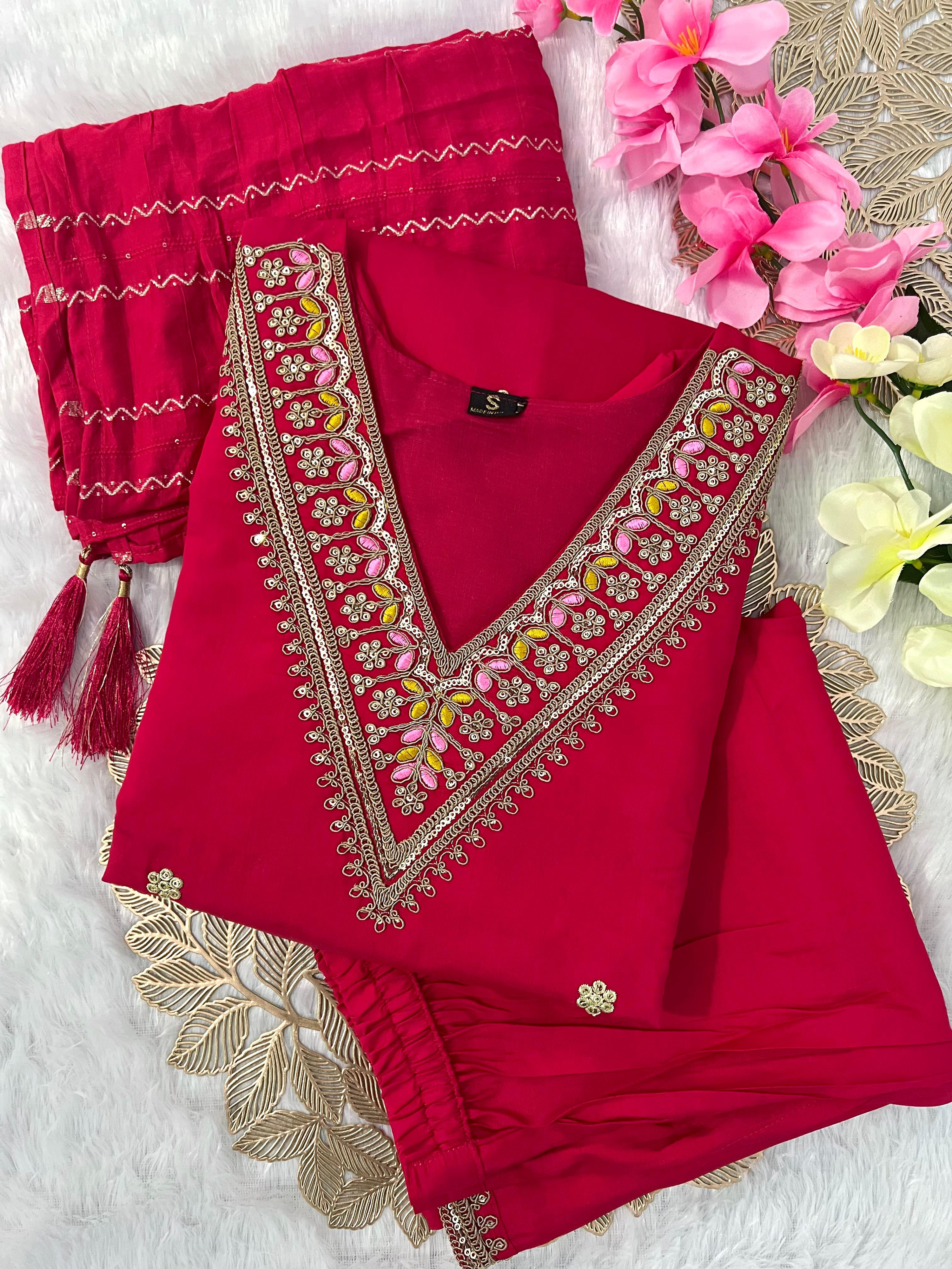 Red Cherry Color Heavy Roman Silk Beautiful Embroidery Top Pant & Cotton Silk Dupatta
