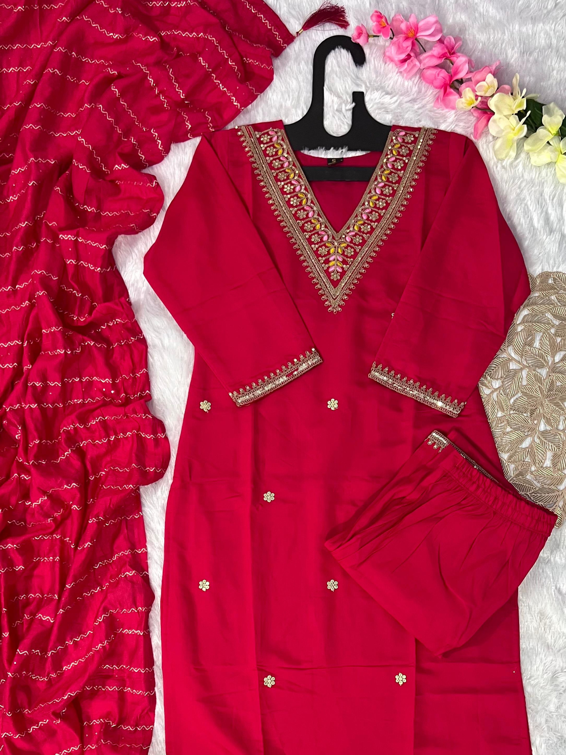 Red Cherry Color Heavy Roman Silk Beautiful Embroidery Top Pant & Cotton Silk Dupatta