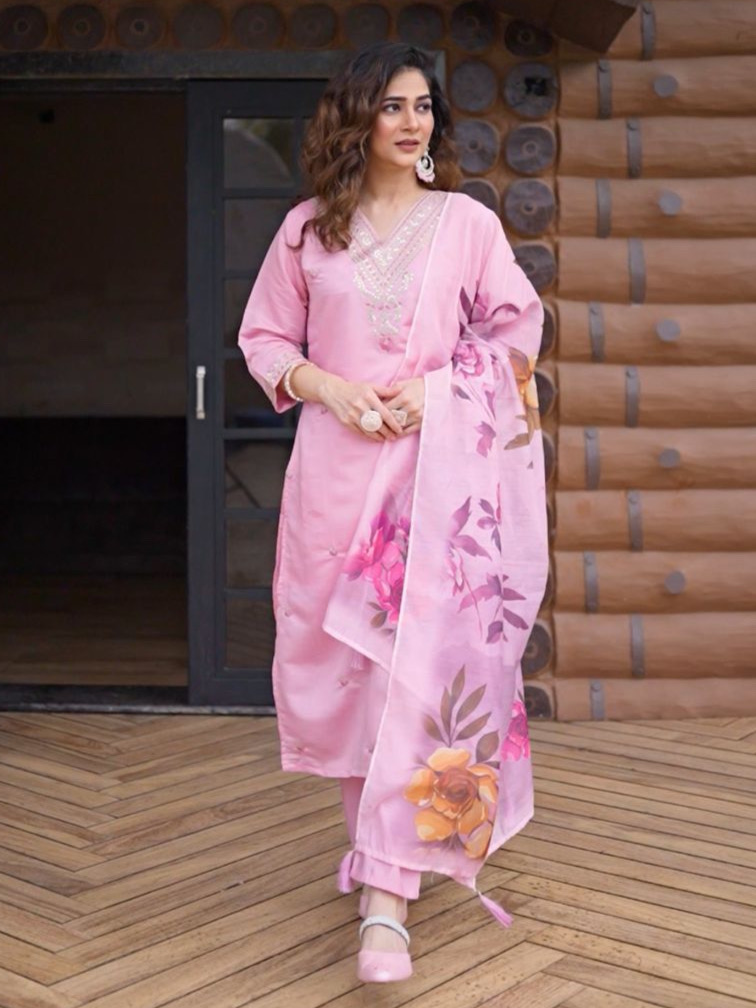 Pink Color Heavy Roman Silk Embroiderd Suit Set With Pant & Chanderi Silk Print Dupatta