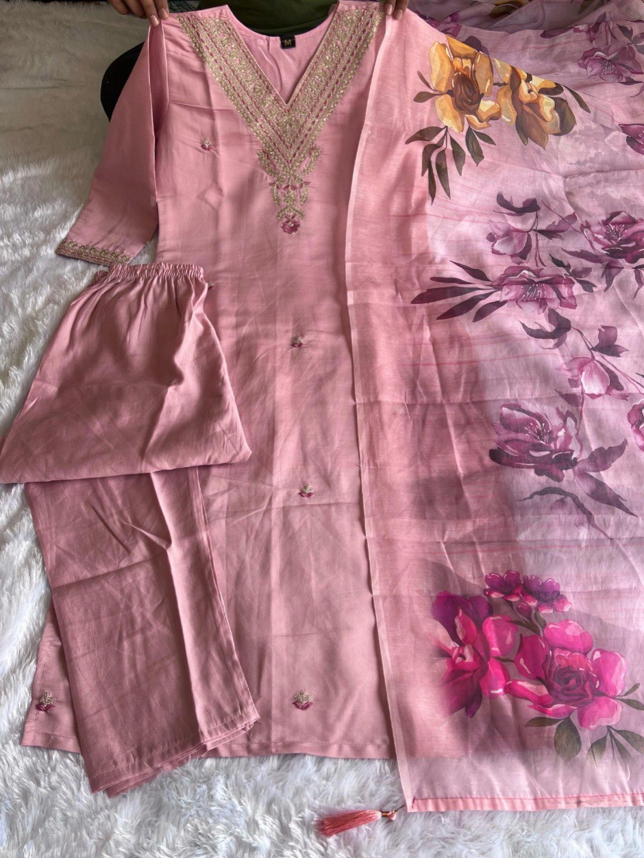 Pink Color Heavy Roman Silk Embroiderd Suit Set With Pant & Chanderi Silk Print Dupatta