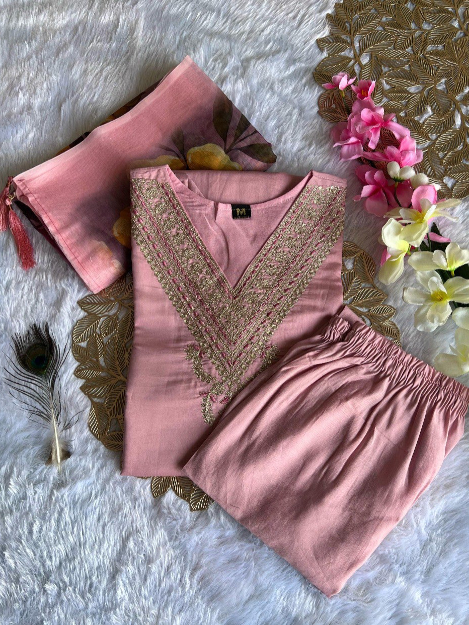 Pink Color Heavy Roman Silk Embroiderd Suit Set With Pant & Chanderi Silk Print Dupatta