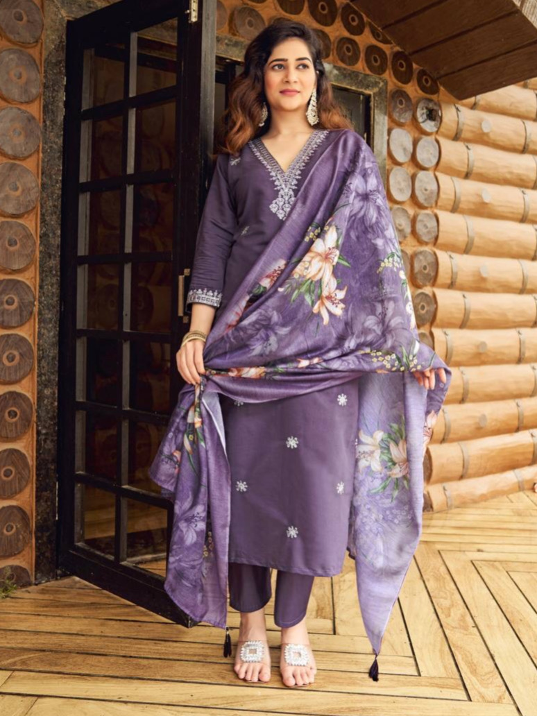 Light Purple Color Heavy Roman Silk With Embroidered Matching Pant & Dupatta Chanderi Silk Digital Print