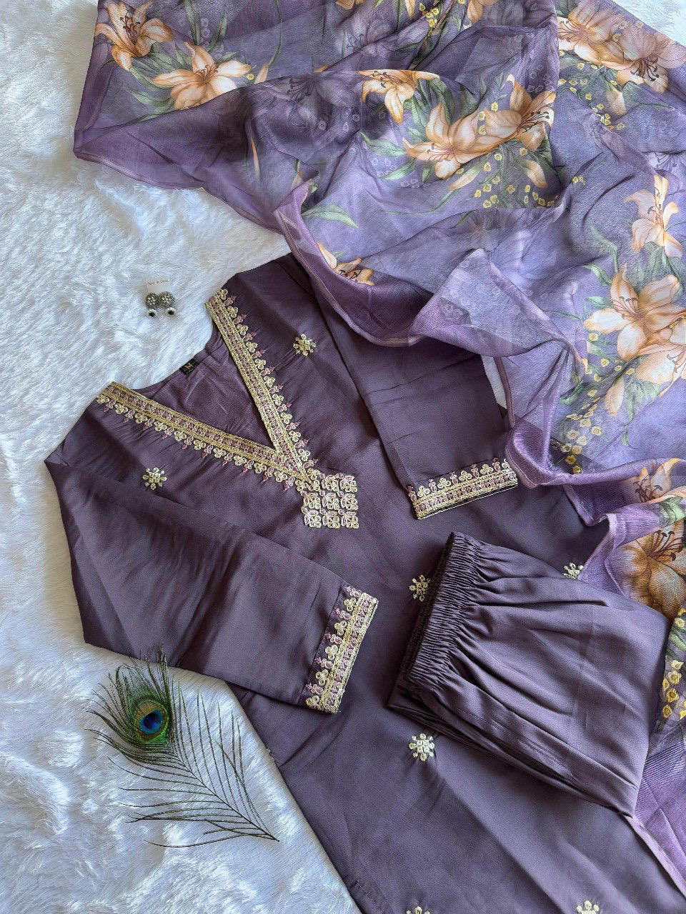 Light Purple Color Heavy Roman Silk With Embroidered Matching Pant & Dupatta Chanderi Silk Digital Print