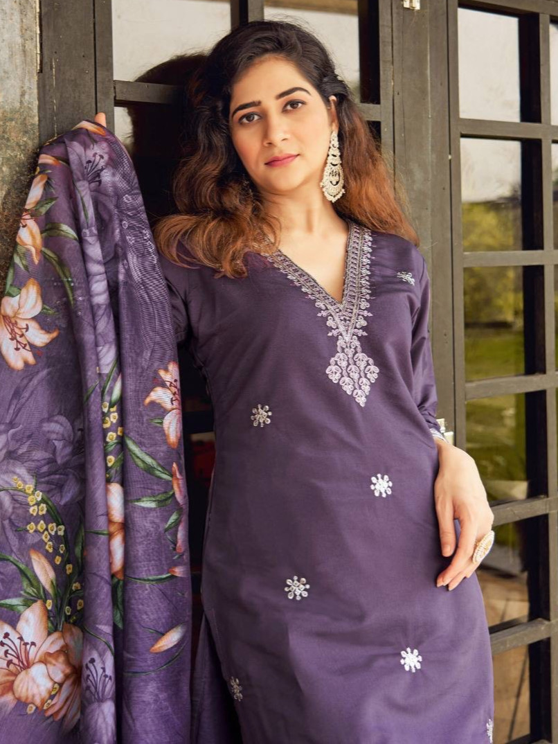 Light Purple Color Heavy Roman Silk With Embroidered Matching Pant & Dupatta Chanderi Silk Digital Print