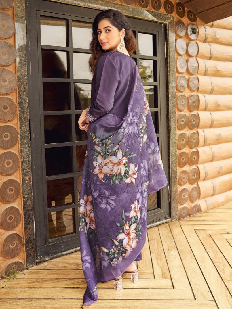 Light Purple Color Heavy Roman Silk With Embroidered Matching Pant & Dupatta Chanderi Silk Digital Print