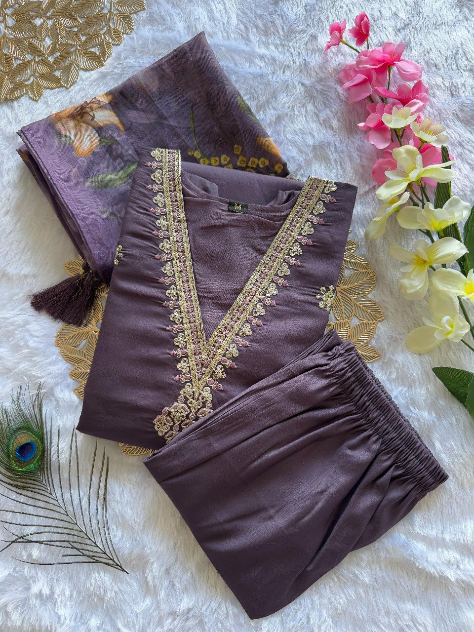 Light Purple Color Heavy Roman Silk With Embroidered Matching Pant & Dupatta Chanderi Silk Digital Print