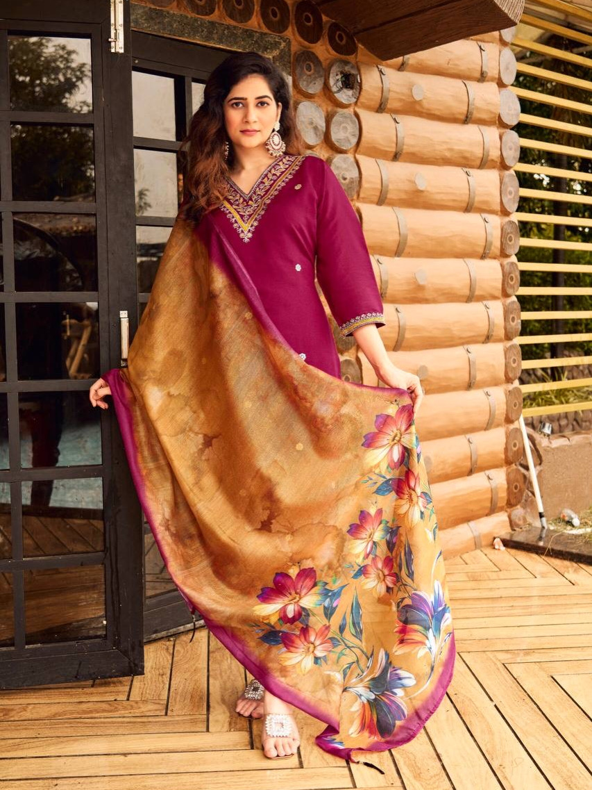 Mehrun Color Heavy Roman Silk Suit Set With Embroidered Work Matching Color Pant & Dupatta Chanderi Silk Digital Print