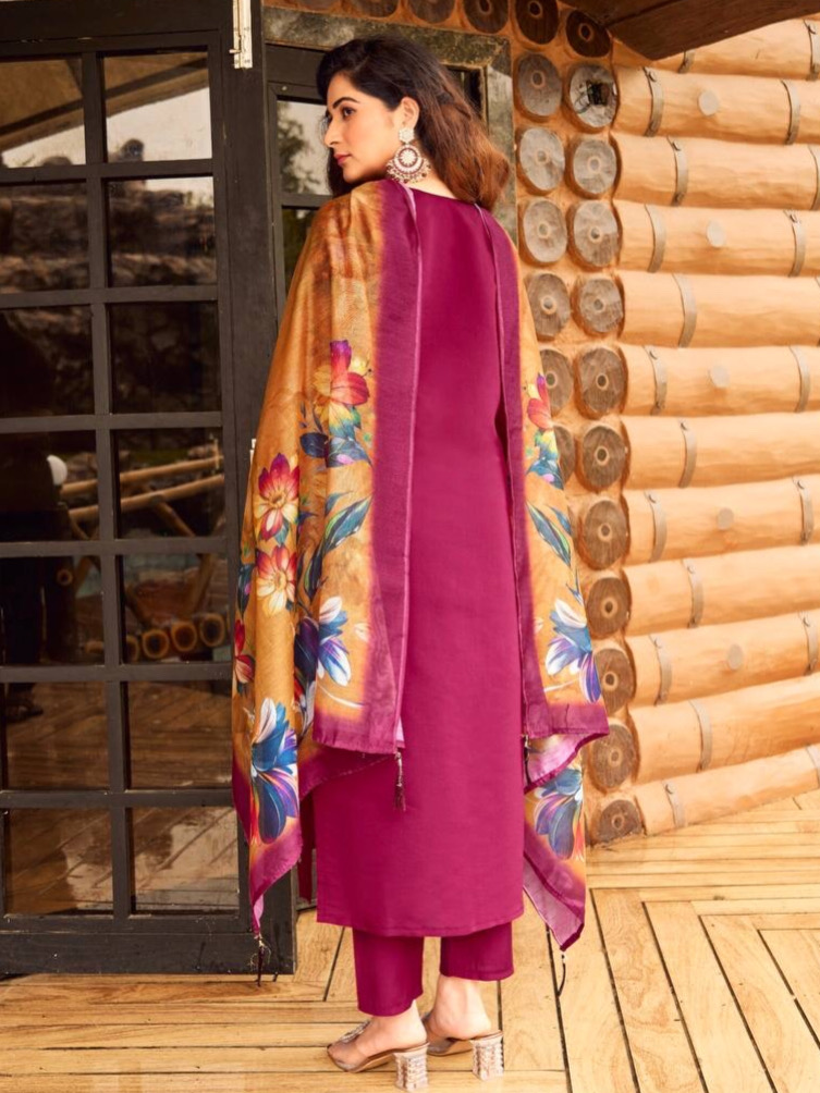 Mehrun Color Heavy Roman Silk Suit Set With Embroidered Work Matching Color Pant & Dupatta Chanderi Silk Digital Print