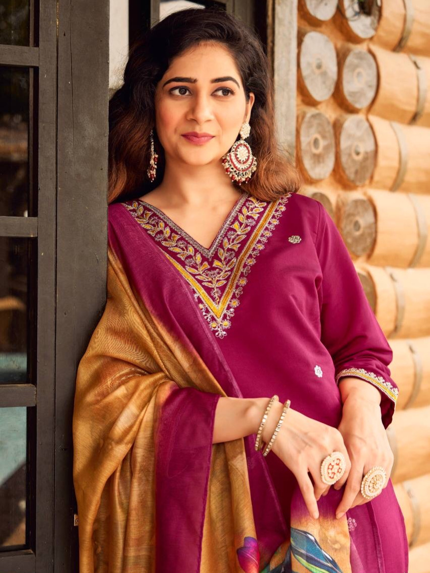 Mehrun Color Heavy Roman Silk Suit Set With Embroidered Work Matching Color Pant & Dupatta Chanderi Silk Digital Print