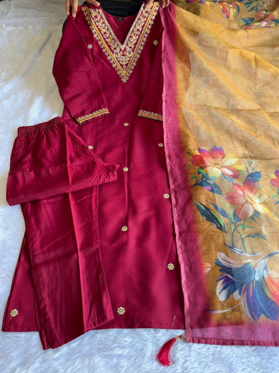Mehrun Color Heavy Roman Silk Suit Set With Embroidered Work Matching Color Pant & Dupatta Chanderi Silk Digital Print