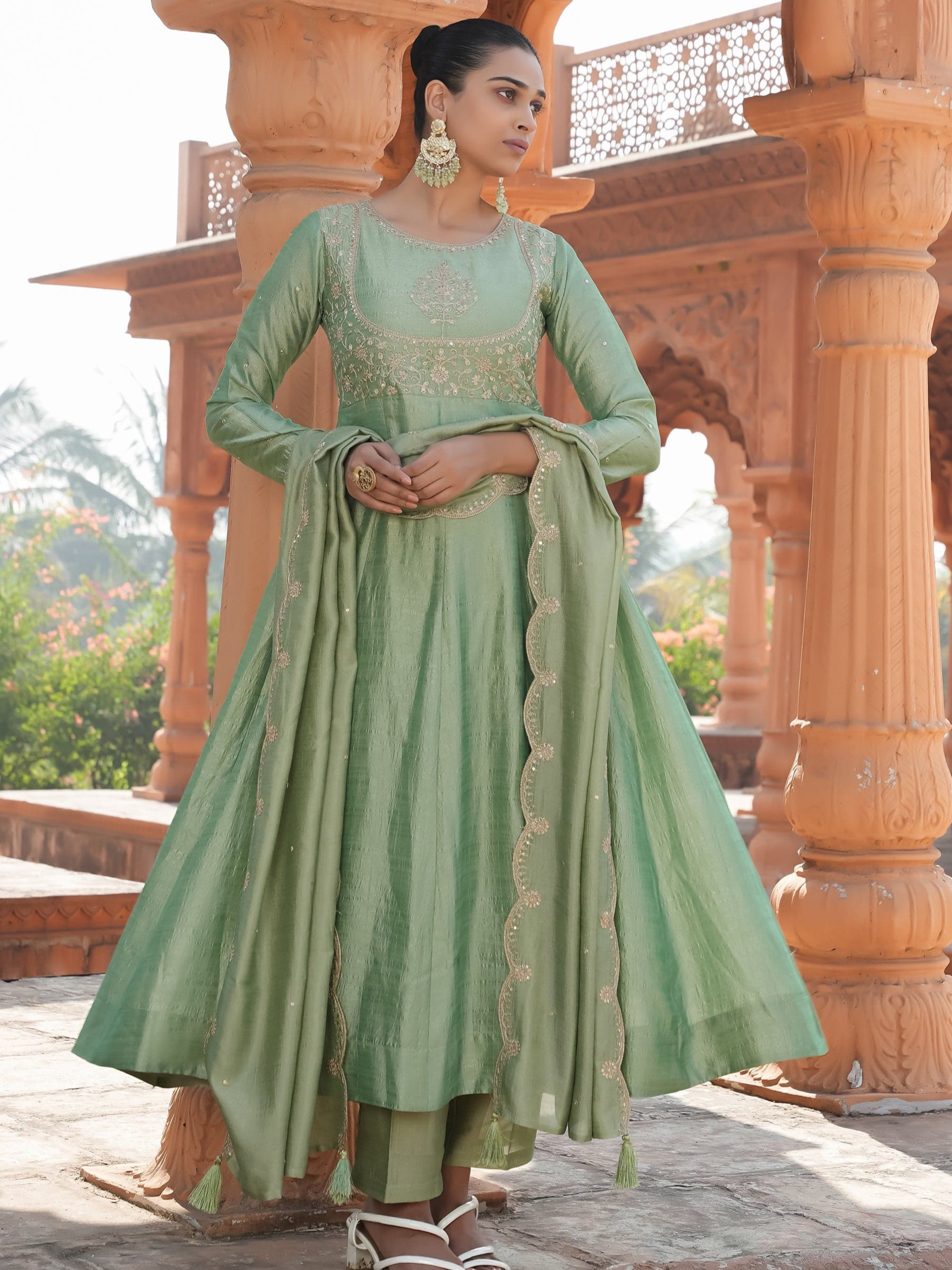 Exclusive Pista Green Heavy Vichitra Silk Embroidered Anarkali Kurta Set With Vichitra Silk Dupatta Work