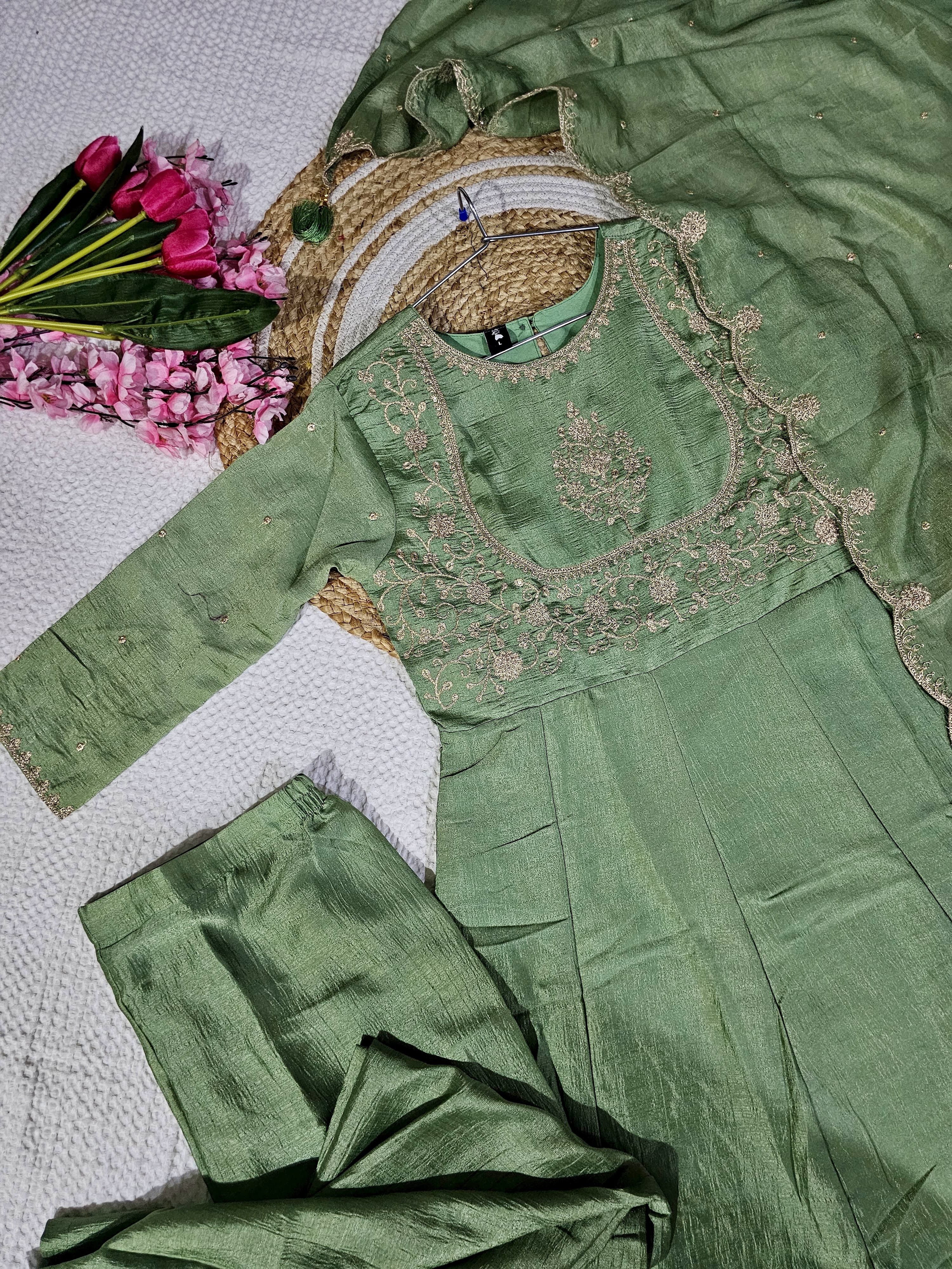 Exclusive Pista Green Heavy Vichitra Silk Embroidered Anarkali Kurta Set With Vichitra Silk Dupatta Work