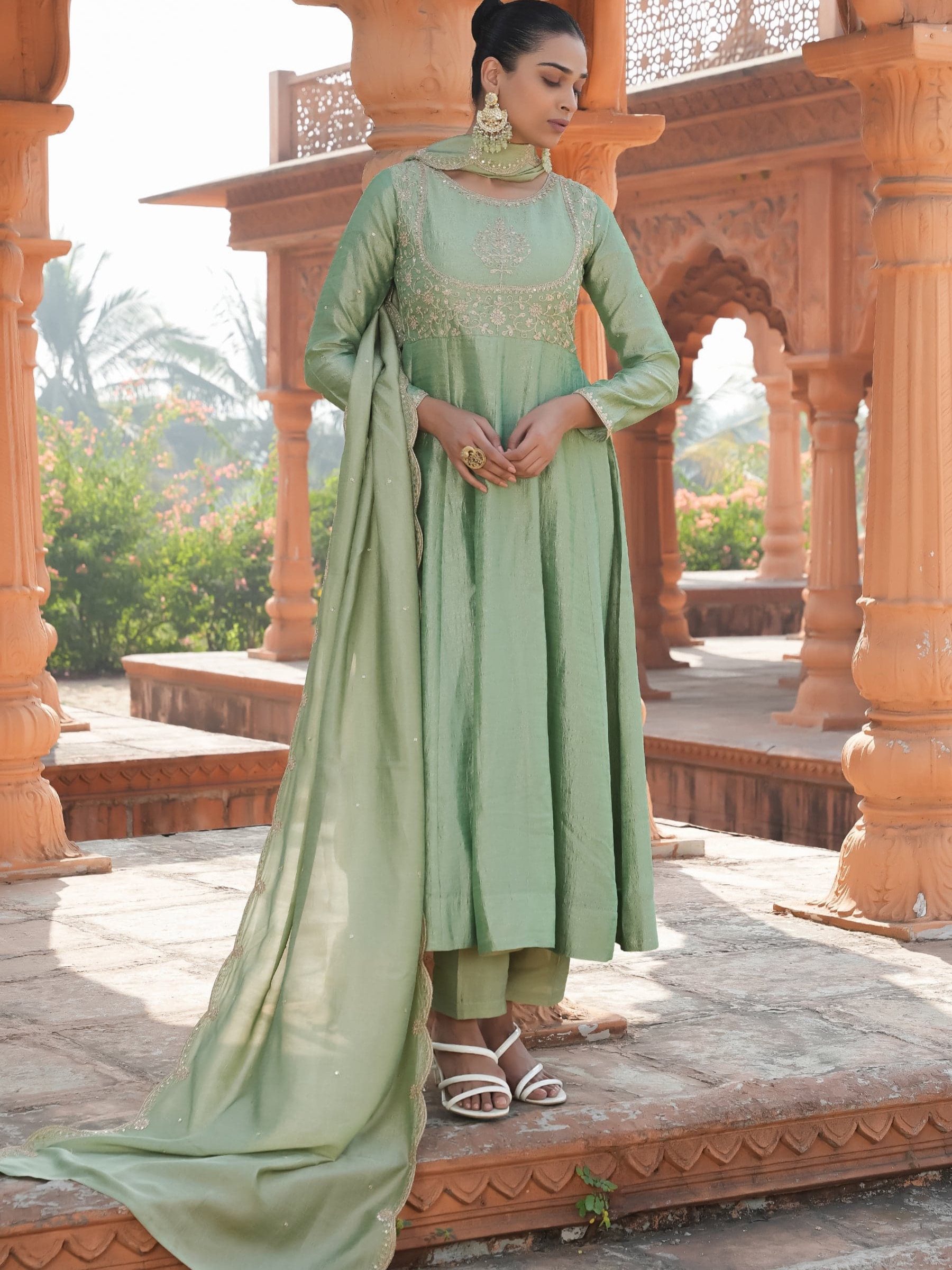 Exclusive Pista Green Heavy Vichitra Silk Embroidered Anarkali Kurta Set With Vichitra Silk Dupatta Work