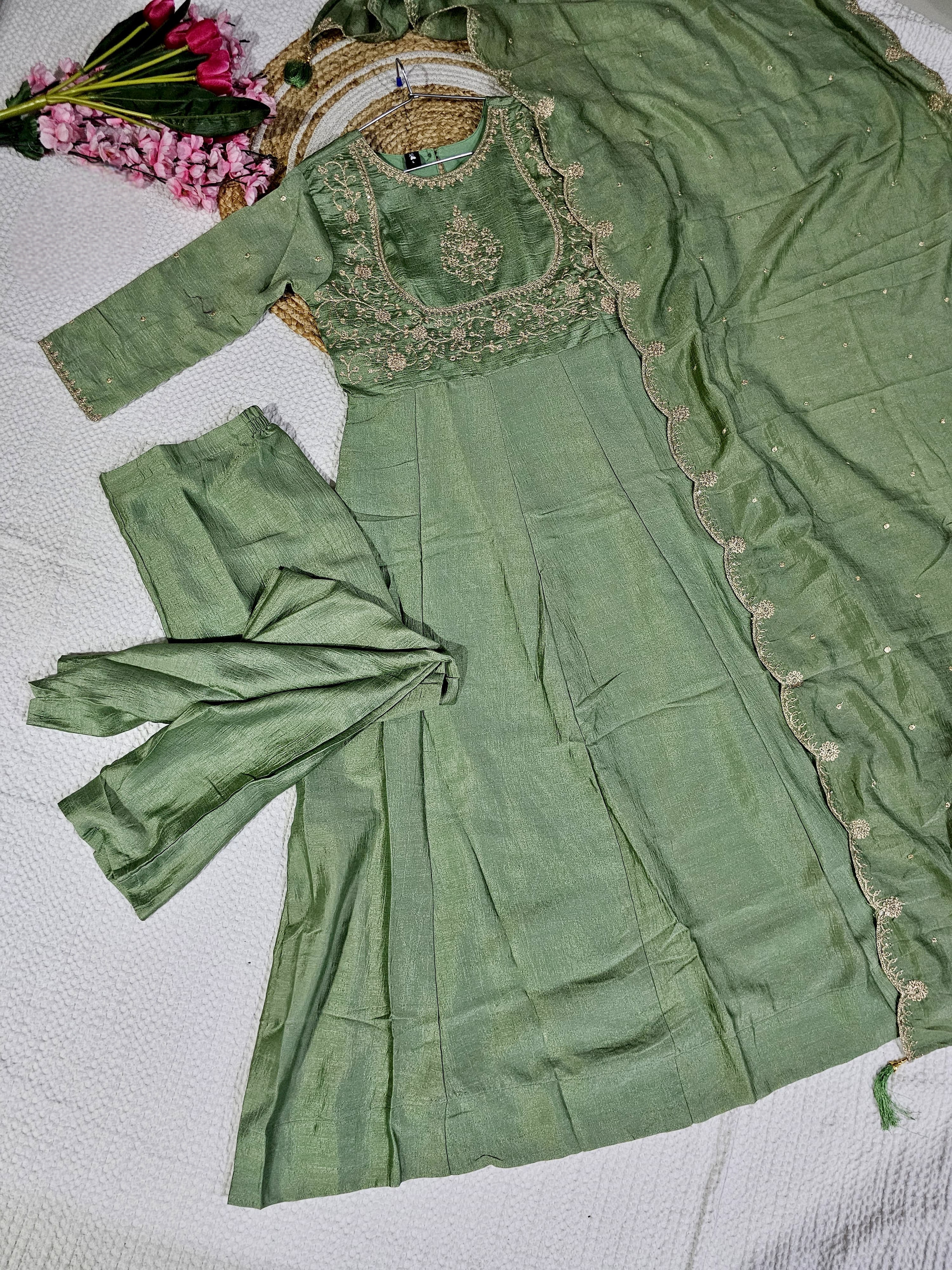 Exclusive Pista Green Heavy Vichitra Silk Embroidered Anarkali Kurta Set With Vichitra Silk Dupatta Work