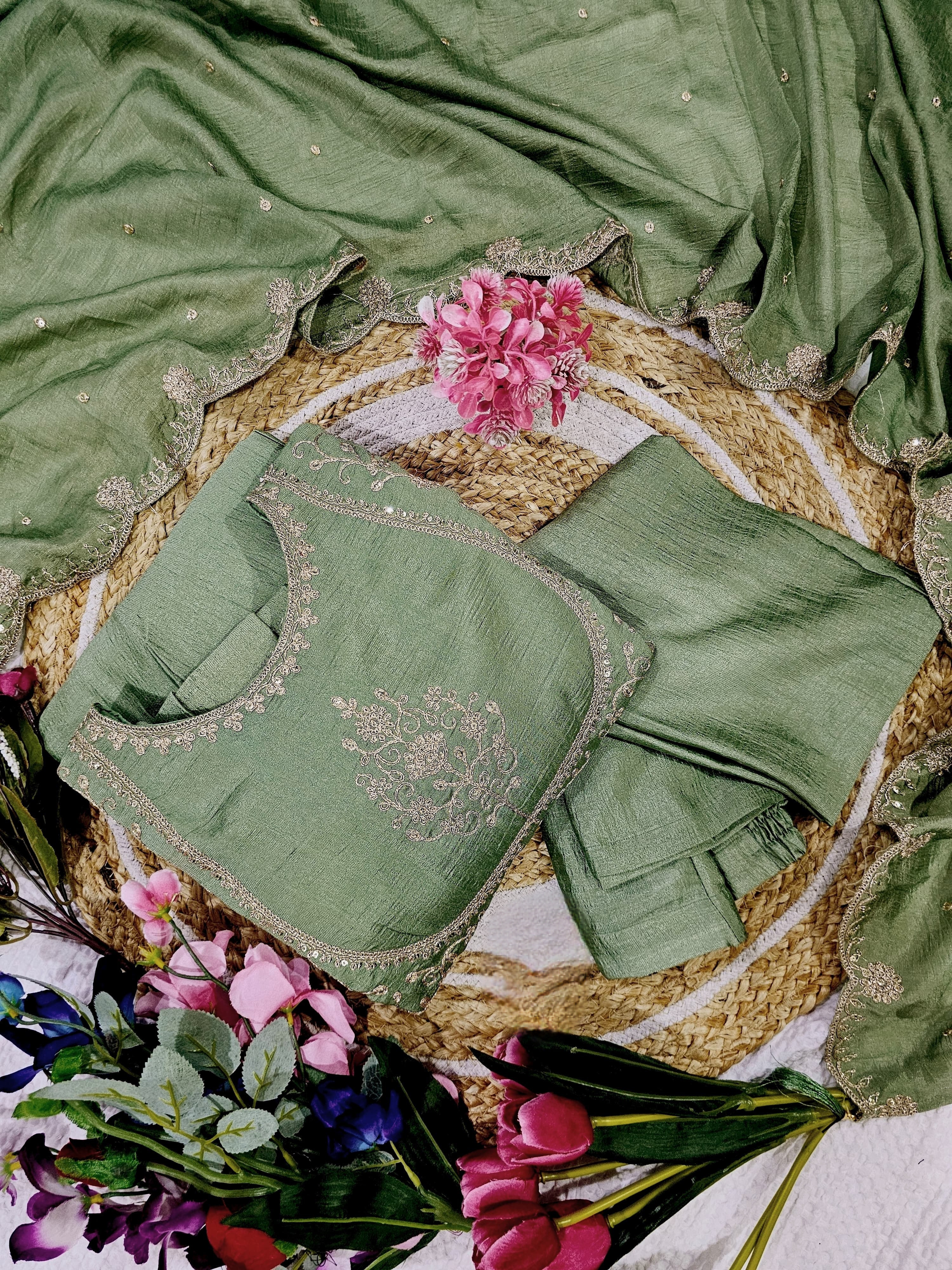 Exclusive Pista Green Heavy Vichitra Silk Embroidered Anarkali Kurta Set With Vichitra Silk Dupatta Work